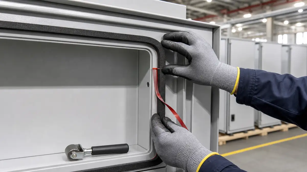 Technician peeling red liner from double-sided tape while positioning a black foam gasket around a gray control cabinet opening